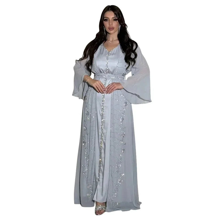 Muslim Set Dress Women Four-season Commute Muslim Set Fashion Party Dubai Turkey Long Sleeve Chiffon Cardigan Dress and Vest 2ps Beauty hair & fashionfj