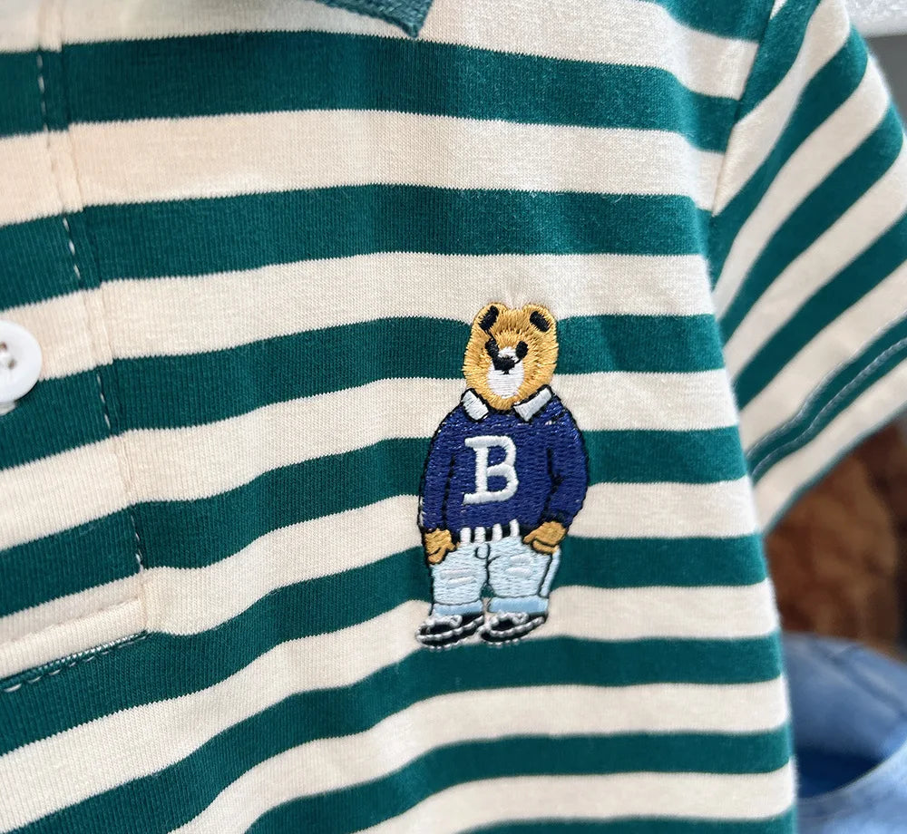Kids Boys Clothes Toddler Shirts Baby Boys Short Sleeve Graphic Bear Tee Striped Cotton Tops For Children Clothes 3 To 8 Years Beauty hair & fashionfj