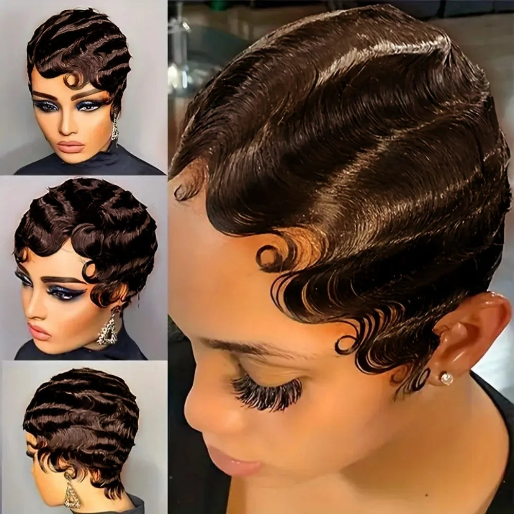 Finger Wave Wig Brazilian Short Pixie Cut Wig Human Hair Wigs For Women Full Machine Made Wig Natural Look