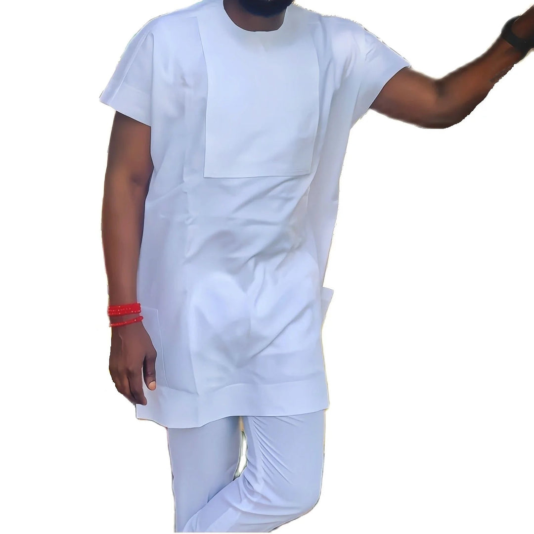 New Arrivals African Fashion Solid White Men's Cotton Pant Suits Short Sleeve Tops+Casual Trousers Custom Nigerian Style Garment Beauty hair & fashionfj