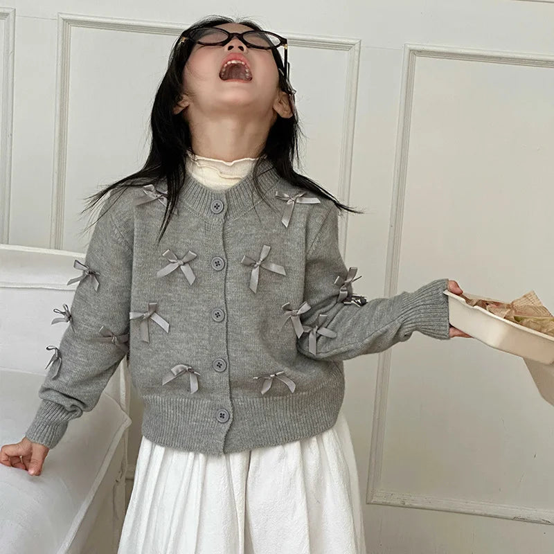 Elegant School Girl Cotton Sweaters Gray Color Cardigan with Bows for Girls Kids Knitwear Fashion Autumn Teen Baby Knit Clothes Beauty hair & fashionfj