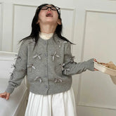 Elegant School Girl Cotton Sweaters Gray Color Cardigan with Bows for Girls Kids Knitwear Fashion Autumn Teen Baby Knit Clothes Beauty hair & fashionfj