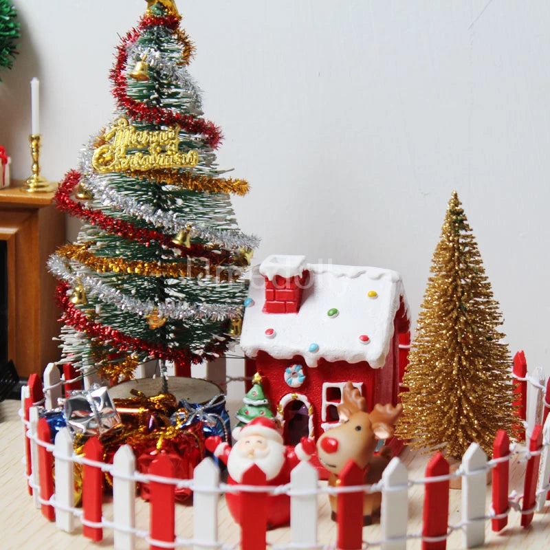 1/12 Scale Miniature Dollhouse Christmas Tree & Mini Fence Doll House X-mas Wreath Decoration Accessories Toy