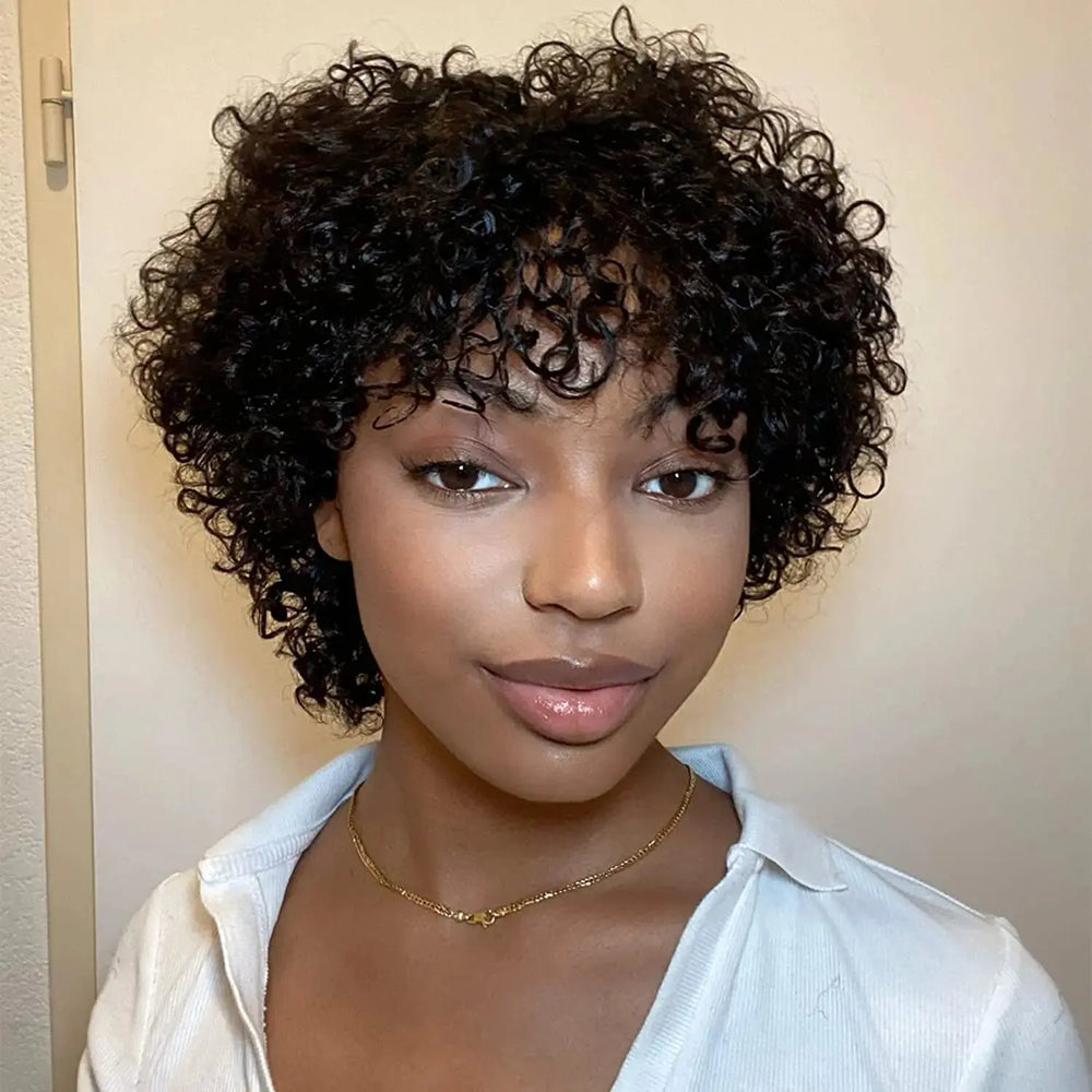 8 Inch Short Pixie Curly Bob Wig with Bangs Brazilian Human Hair Bouncy Curl Wig for Women Ready to Go Wig Beauty hair & fashionfj