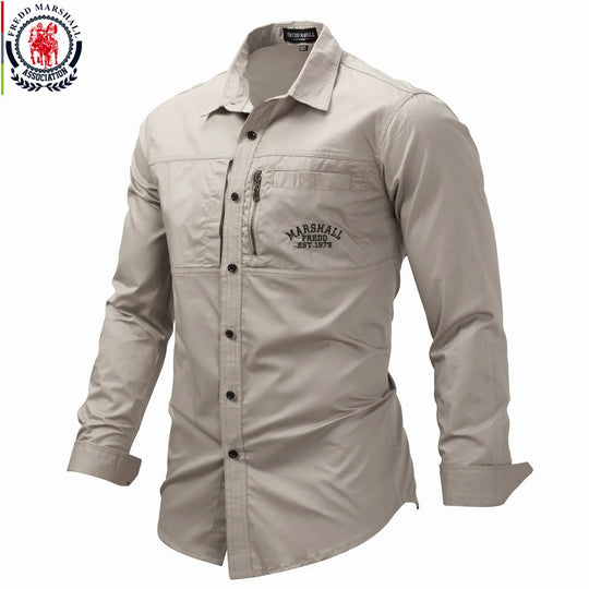 Fredd Marshall 2023 Fashion Military Shirt Long Sleeve Multi-pocket Casual Shirts Brand Clothes Army Green Camisa Masculina 117 Beauty hair & fashionfj