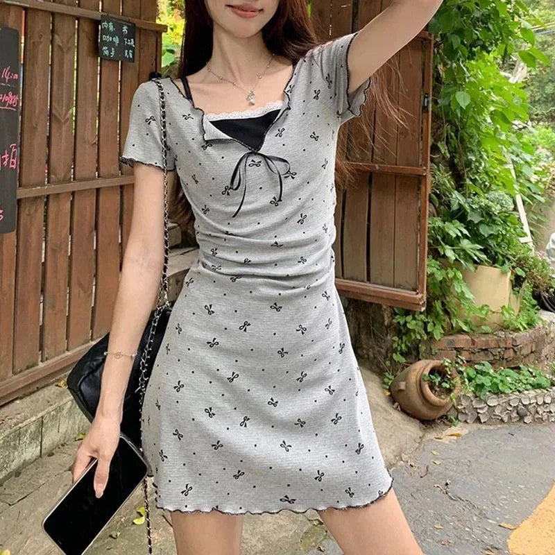 Lucyever Fake Two Piece Bowknot Print Dress Women Summer Lace Patchwork Short Sleeve Dresses Korean Fashion Slim Mini Dress Lady Beauty hair & fashionfj