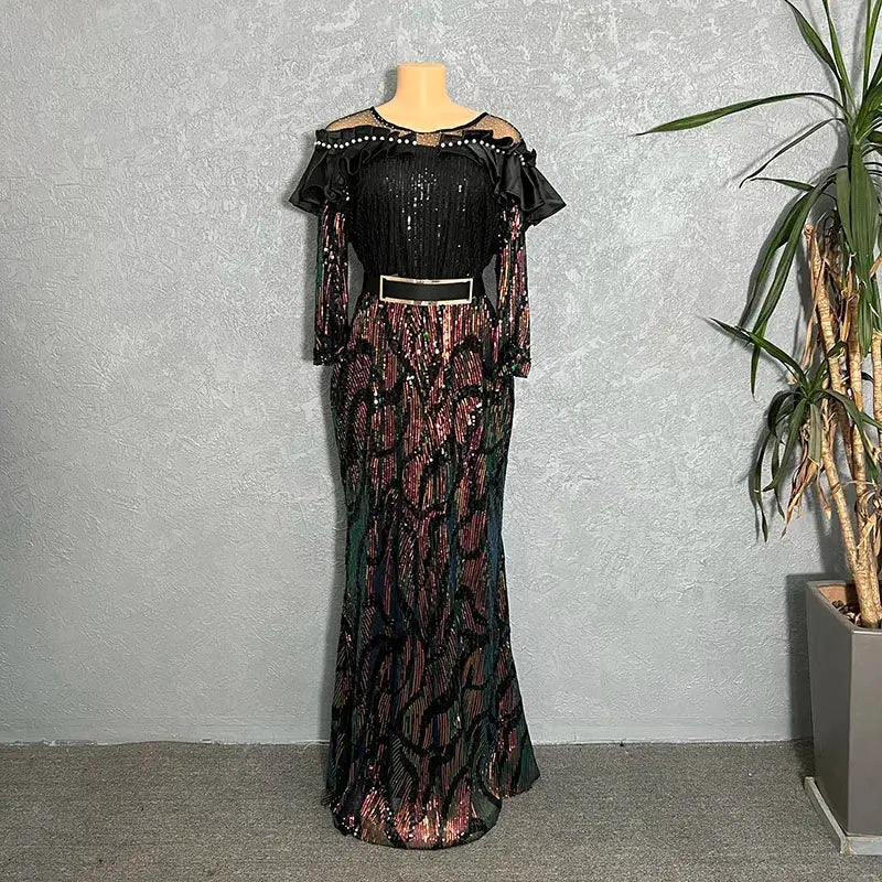 African Dresses For Women 2022 Lady Elegant Glittering Evening Dress Sparkle Sequin Sexy Sheath Maxi Party Gowns Come With Belt Beauty hair & fashionfj