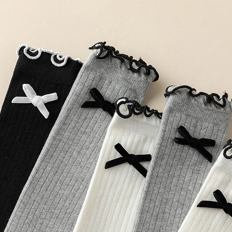 Girls Korean Bow Ruffle Calf Socks for Kids Cute White Knee High Long Lace Children Socks Spring Summer Soft School Stockings