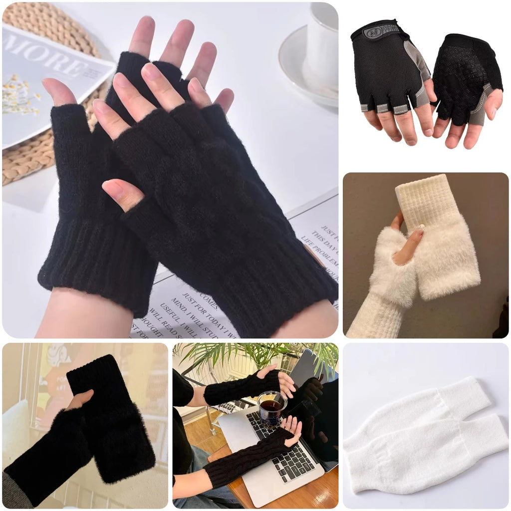 Women's winter gloves, thickened men's outdoor cycling gloves, connected finger gloves, half finger gloves, cotton new style
