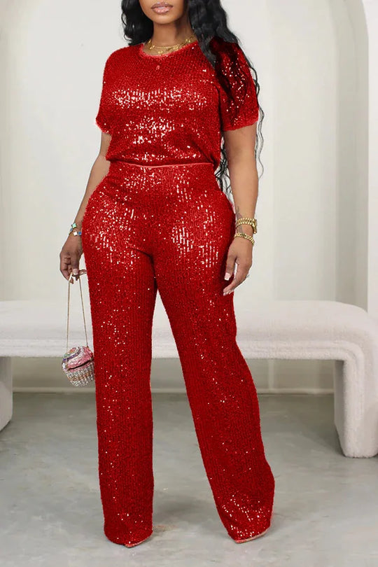 Wmstar Women Two Piece Set Spring Female Casual Shinny Sequin Round Neck Fashion Solid Short Sleeved Tshirt Wide Leg Pants Suit