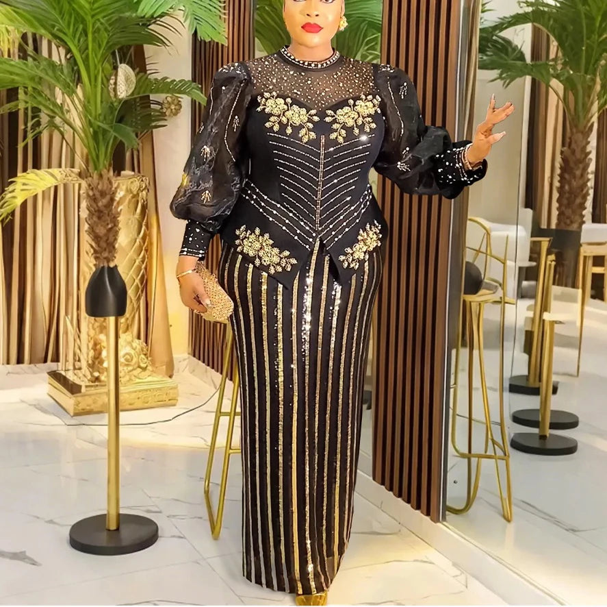 Elegant African Dresses for Woman 2025 New Sequined Diamond Plus Size Luxury Evening Party Dashiki Ankara Outfits Robes Clothes Beauty hair & fashionfj