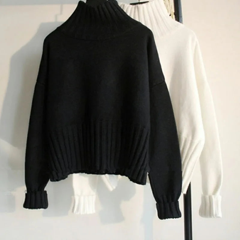 Lucyever Black White Autumn Winter Sweaters Women Soft Thick Loose Fit Knitted Pullovers Female Long Sleeve Turtleneck Sweater Beauty hair & fashionfj