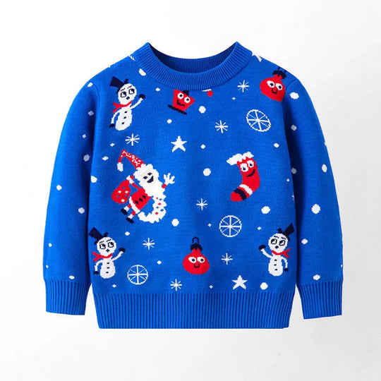 Kid Boys and Girls Casual Long Sleeves Top with Cartoon Prints in Christmas Blue Series Unisex Sweater for Children Comfortable