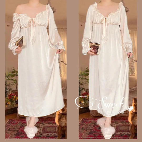 Women's Elegant Nightgown French Style Ladies Summer Long Sleeve Night Dress Bow Sexy Homewear Nightdress For Female S-2XL Beauty hair & fashionfj