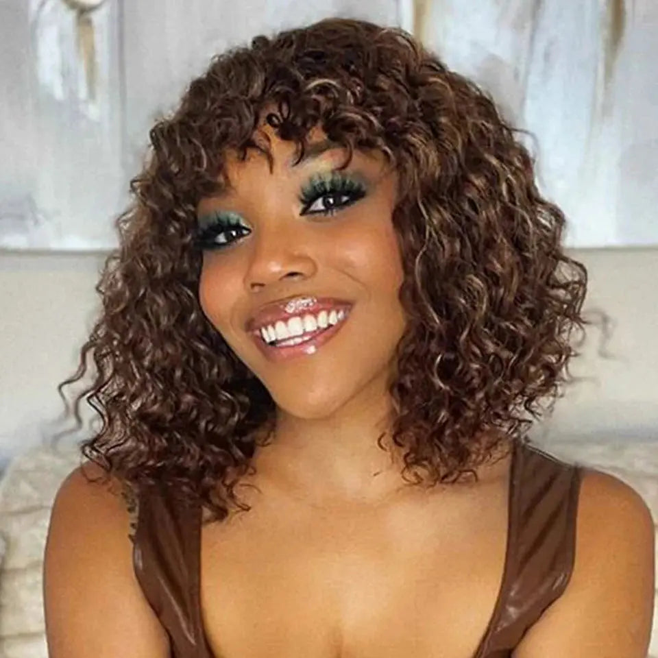 Jerry Curly Short Pixie Bob Cut Human Hair Wigs With BangsGlueless Wig Highlight Honey Water Wave Blonde Colored Wigs For Women Beauty hair & fashionfj