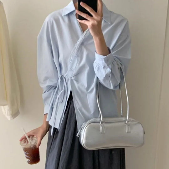 French Retro Lace Patchwork V-Neck Shirts Women Fashion Irregular Bandage Long Sleeve Shirt Woman Korean Design White Blouse