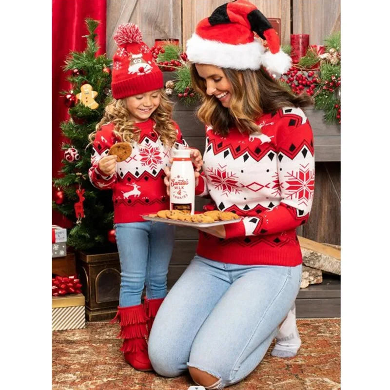 Xmas Mom and Daughter Matching Clothes Warm Thick Christmas Sweater Full Sleeve O Neck Knitwear Casual Soft Jumpers Pullover Top