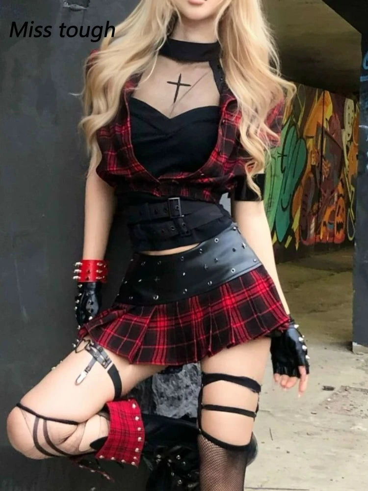 Goth Punk Plaid Two Piece Set Women Red Black Short Sleeve Crop Top Mini Pleated Skirt Belt Gloves Straps Streetwear Outfit 2025 Beauty hair & fashionfj