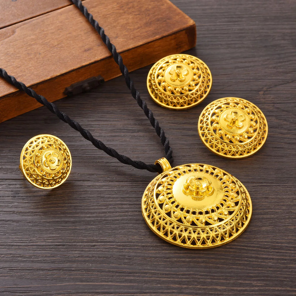 Golden Color Ethiopian Jewelry set Hollow bowl shaped 3-Piece Sets African Eritrean Wedding Engagement Gifts #211