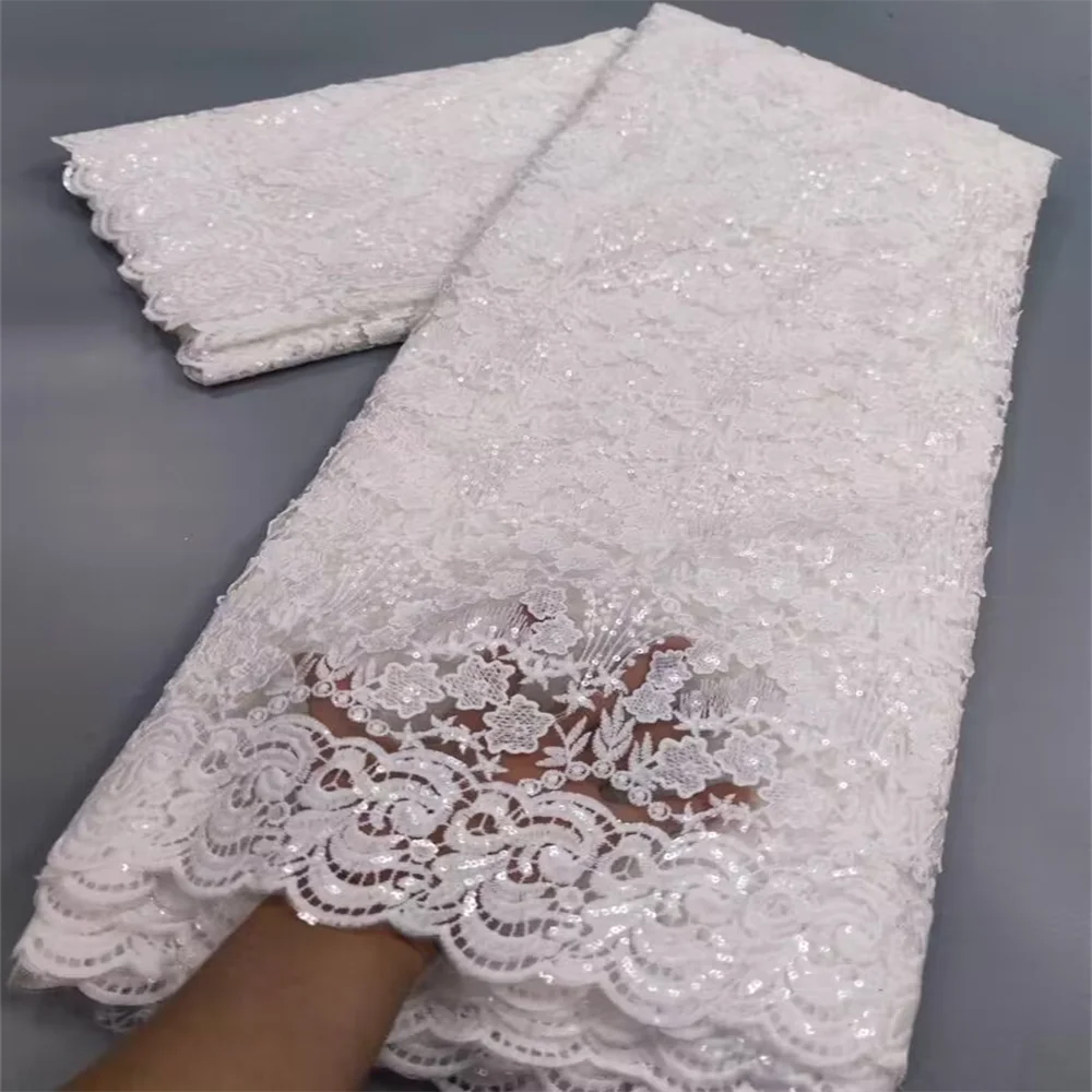 White Nigerian Lace Fabric 2023 High Quality African Net Lace Fabric With Sequins Embroidery Fabric For Wedding 5Yards Beauty hair & fashionfj