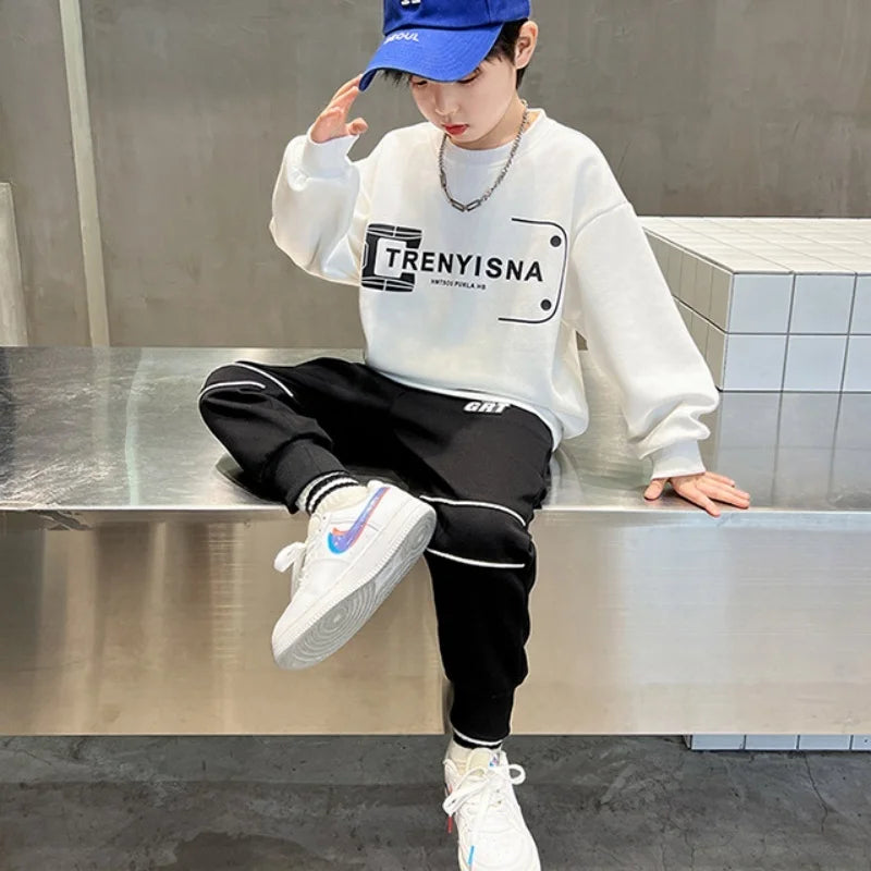 Boys Sweatshirts +Pants Kids Suits 2PCS/Set Cotton 2025 White Spring Autumn Outfits Teenagers Holiday Jogging Suit Children Clot Beauty hair & fashionfj