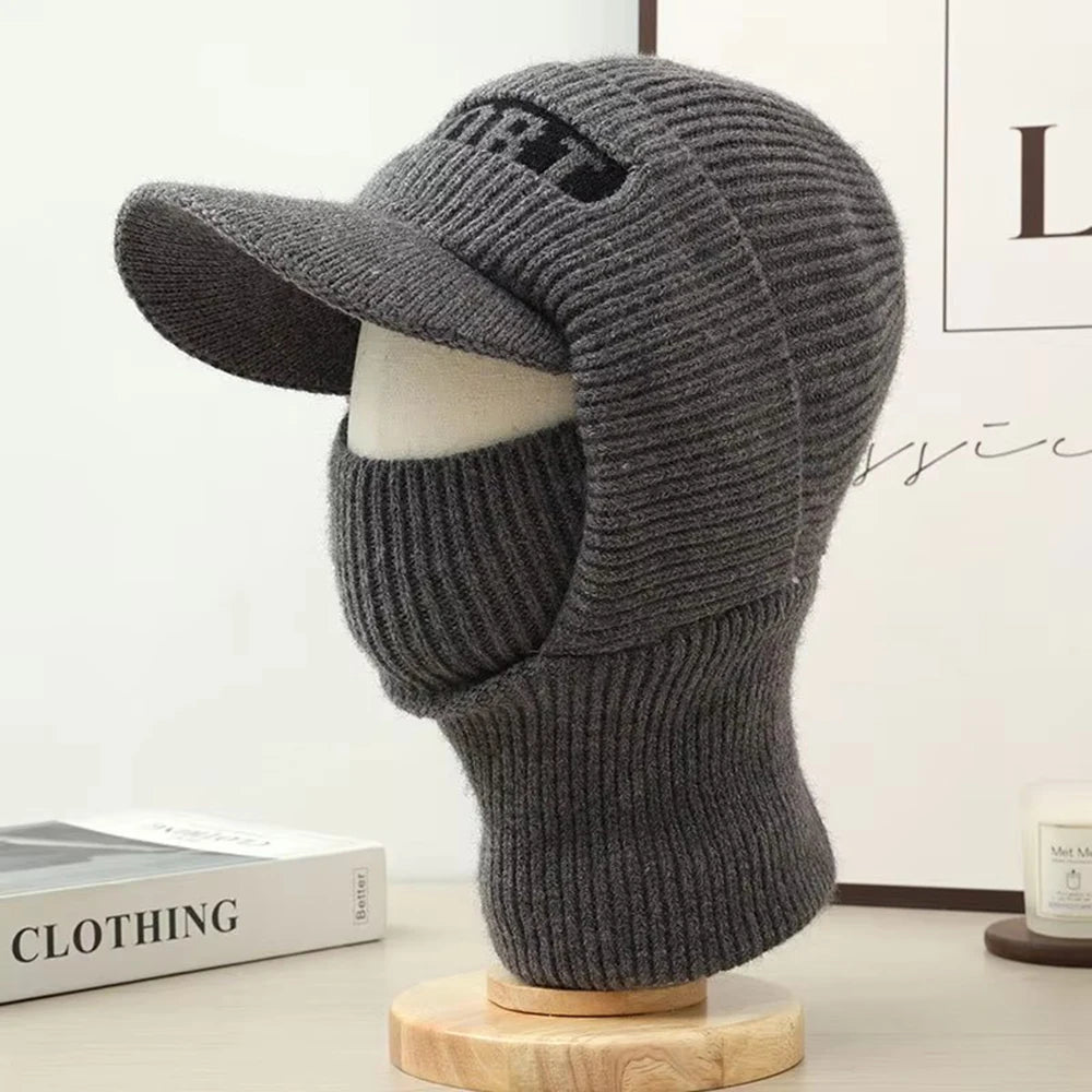 Winter Knitted Hat For Men Women With Ear Protection Integrated Mask Scarf  Couples Windproof Warm Headgear Travel Hat Black