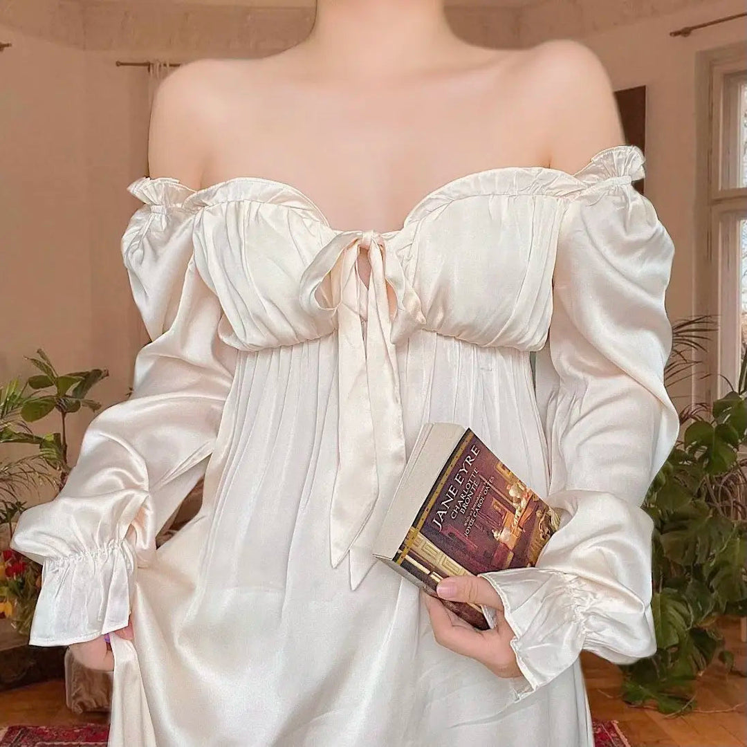 Women's Elegant Nightgown French Style Ladies Summer Long Sleeve Night Dress Bow Sexy Homewear Nightdress For Female S-2XL Beauty hair & fashionfj
