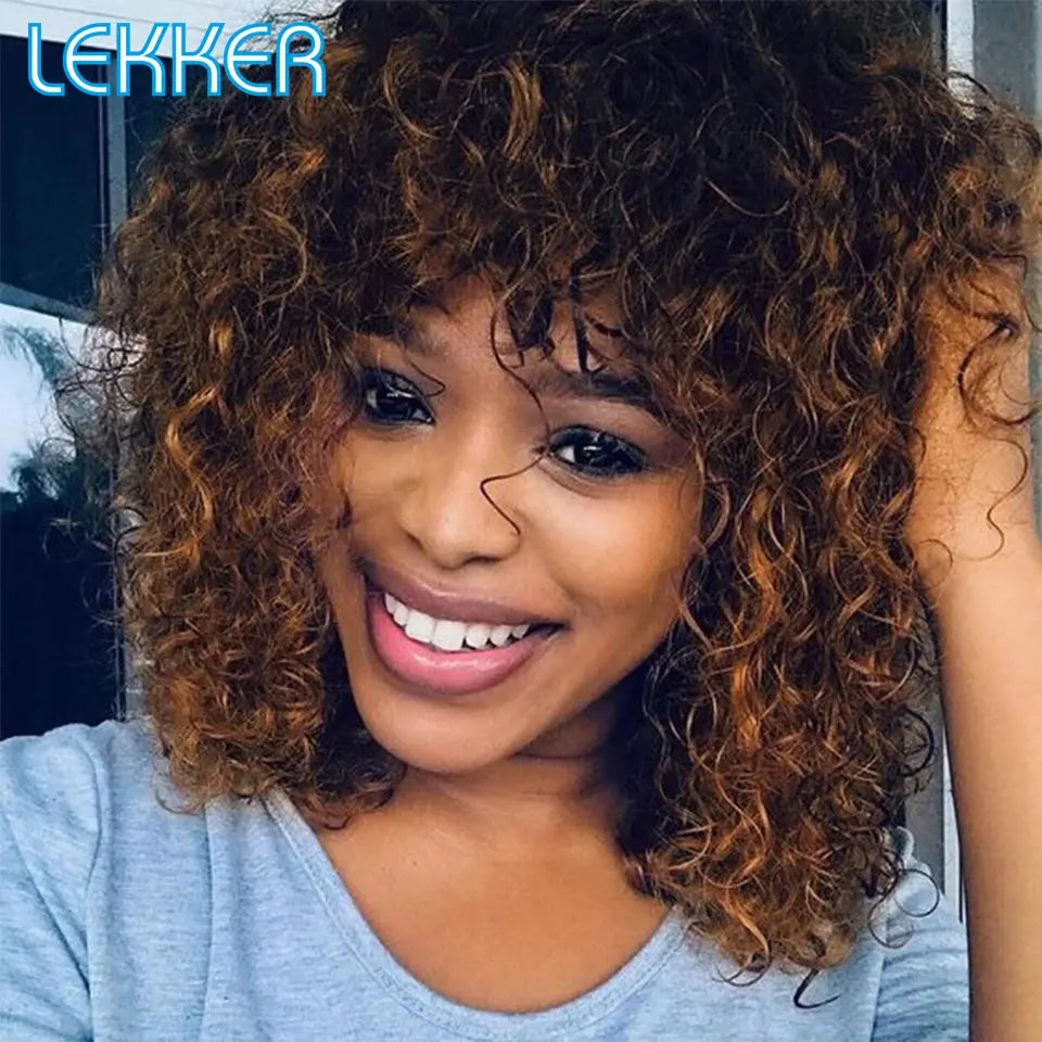 Lekker Colored Short Pixie Afro Kinky Curly Bob 100% Human Hair Wigs With Bangs For Women Brazilian Remy Hair Ombre Brown Wigs Beauty hair & fashionfj