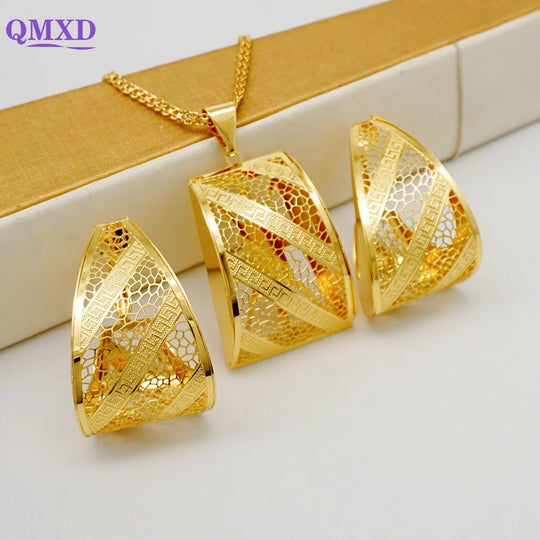 Fashion Dubai Jewelry Sets Gold Color Pendant Copper Classic Earrings Necklace For Women Daily Wear Party Anniversary Gifts