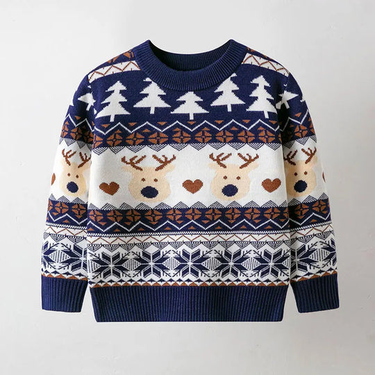 Kid Boys and Girls Casual Long Sleeves Top with Cartoon Prints in Christmas Blue Series Unisex Sweater for Children Comfortable
