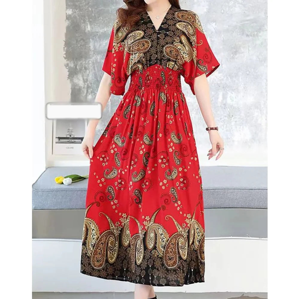 Summer Trend Ethnic V-Neck Printed Women's Dress Vintage Elegant Batswing Sleeves Elastic Waist Large Swing Casual Holiday Dress Beauty hair & fashionfj