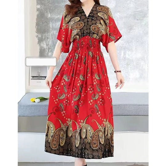 Summer Trend Ethnic V-Neck Printed Women's Dress Vintage Elegant Batswing Sleeves Elastic Waist Large Swing Casual Holiday Dress Beauty hair & fashionfj