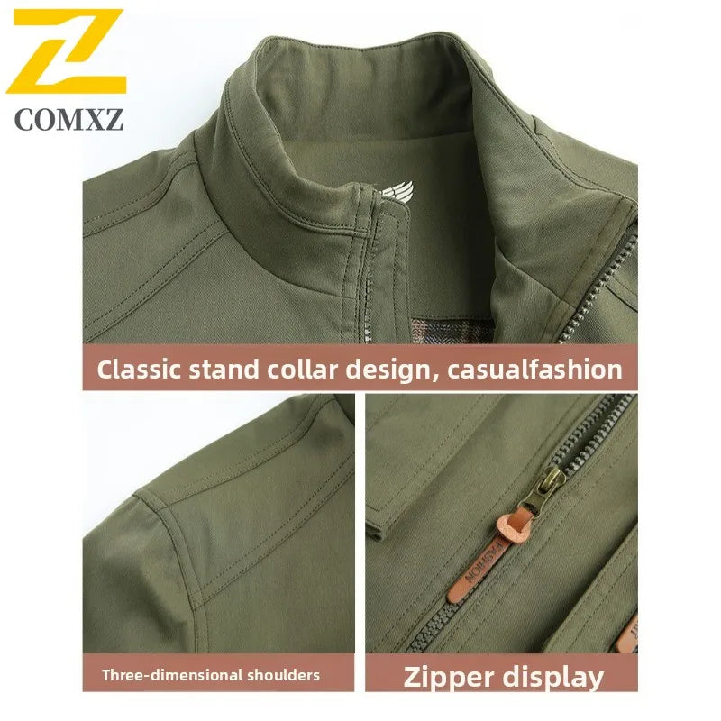 2025 New Workwear Jacket Outdoor Loose Breathable Multi Pocket Stand Up Collar Men's Coat Autumn Hunting Windproof Jacket M-5XL
