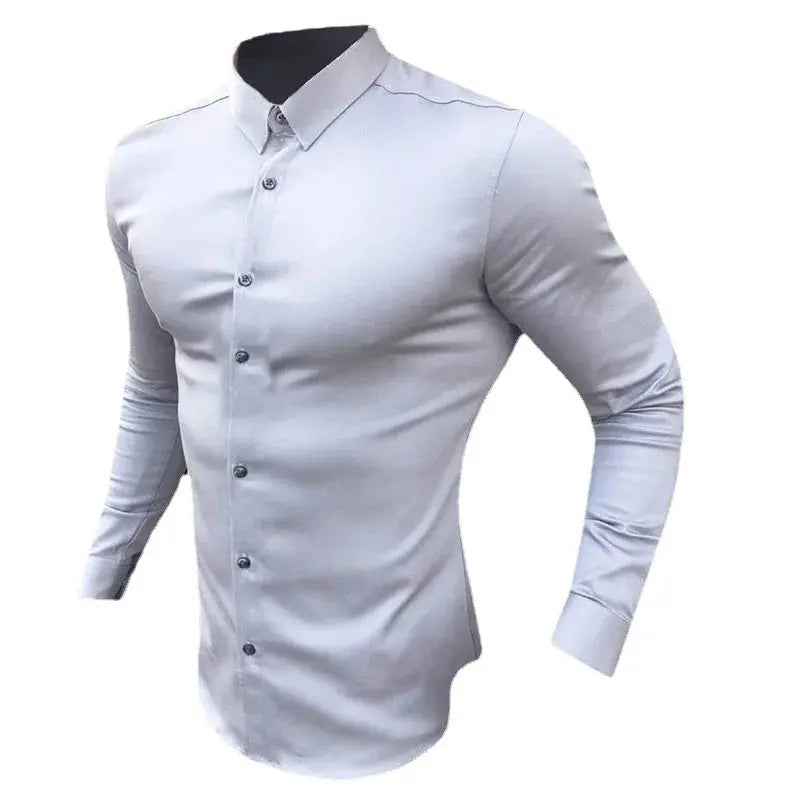 Men's Shirt Fashion Full Sleeve Shirt Men's Muscle Casual Slim-fit Business Dress Solid Color Shirt Men's Gym Fitness Men Shirt Beauty hair & fashionfj