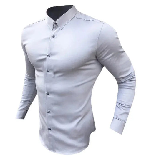 Men's Shirt Fashion Full Sleeve Shirt Men's Muscle Casual Slim-fit Business Dress Solid Color Shirt Men's Gym Fitness Men Shirt Beauty hair & fashionfj