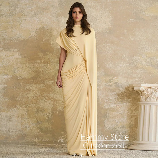 Modern Evening Dress فساتين سهره Customized Round Neck with Cape Pleat Ruched Sheath Arabian Prom Gown Formal Dresses