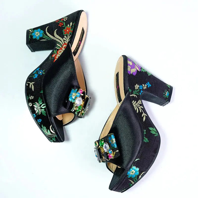 Fashion Women's Shoes High Heels Sexy Ladies Party Wedding Pattern Embroidery Mules High Heel Sandal Casual Beach Shoes For Lady Beauty hair & fashionfj