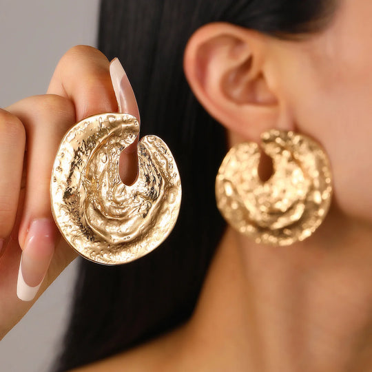 Exaggerated Gold Color Heart Oval Earrings For Women Metal Earing Jewelry 2025 Trending Irregular Wrinkled Geometric Earrings