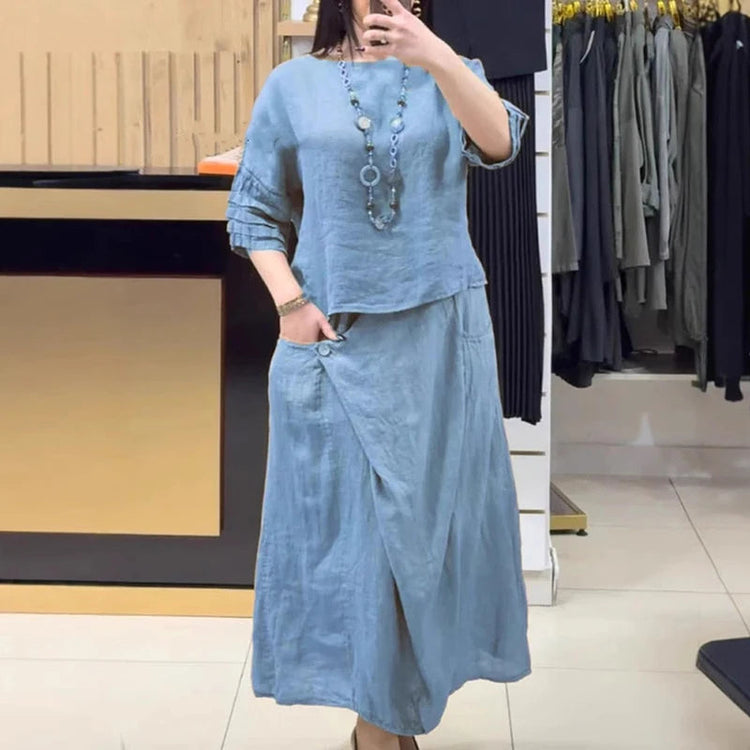 Casual O Neck Top Pullover & A-Line Skirts Cotton Linen Set Woman 2 Pieces Beauty hair & fashionfj