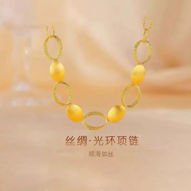 9999 24K real gold light and shadow halo women's light luxury brushed craftsmanship oval ring interlocking necklace earrings Beauty hair & fashionfj