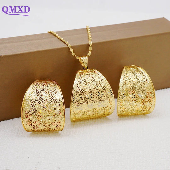 Fashion Dubai Jewelry Sets Gold Color Pendant Copper Classic Earrings Necklace For Women Daily Wear Party Anniversary Gifts