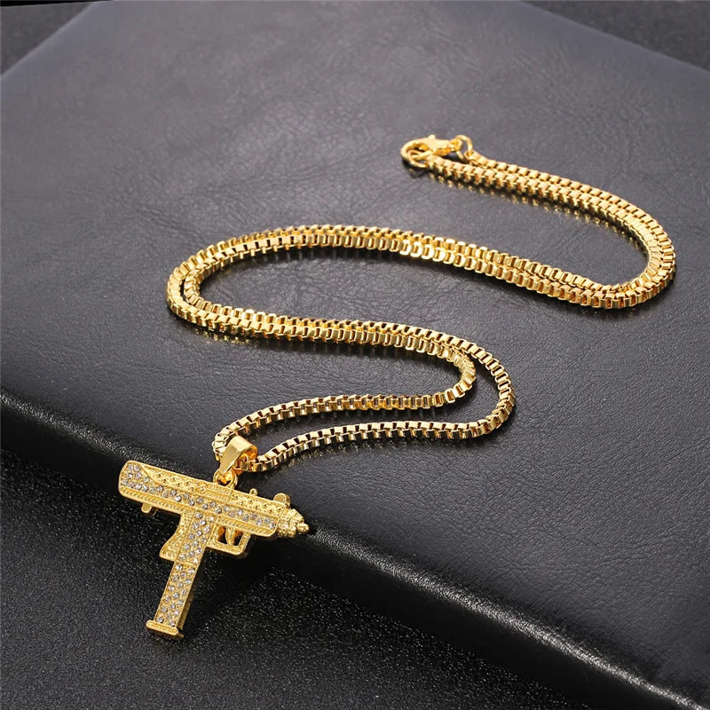 Gold Plated Necklace Uzi Gun Pendant Necklace Alloy Full Crystal Bling Submachine Chain Hip Hop Accessories Male Necklace Beauty hair & fashionfj