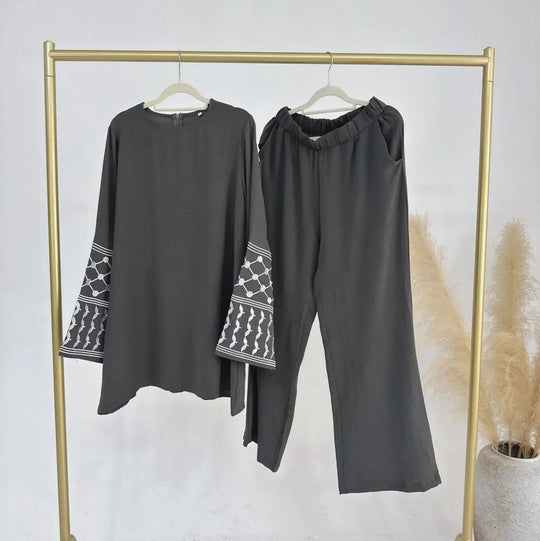 2PCS Embroidery Muslim Women Long Sleeve Tops Pants Set Dubai Turkey Outfits Islamic Clothing Kebaya Eid Ramadan Robe Abaya Suit Beauty hair & fashionfj