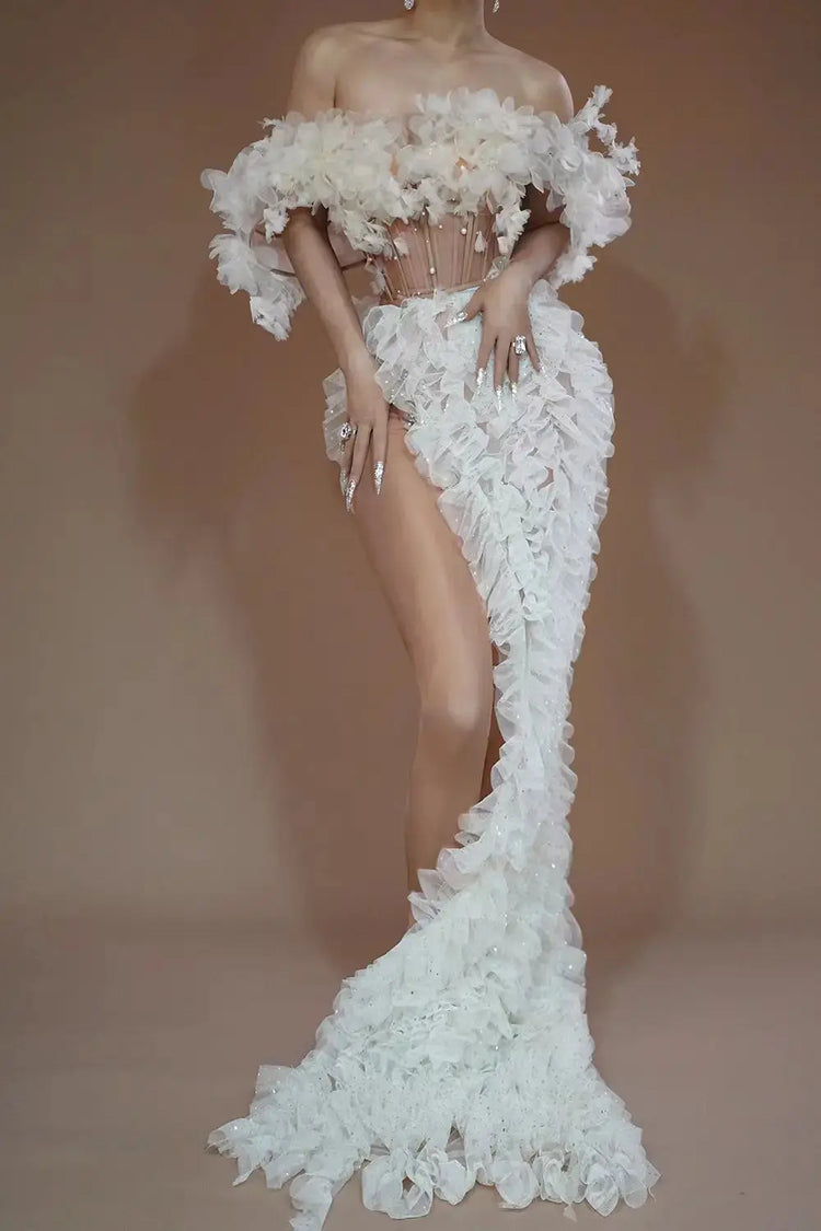 Elegant Pearls Dinner Gown Slit Off Shoulder Top Long Skirt Birthday Wedding Formal Dress Sexy Women Night Party Evening Dresses Beauty hair & fashionfj