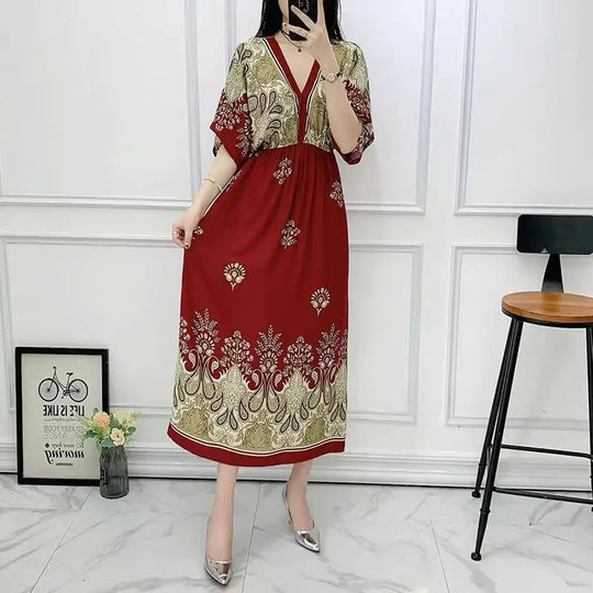 Summer Trend Ethnic V-Neck Printed Women's Dress Vintage Elegant Batswing Sleeves Elastic Waist Large Swing Casual Holiday Dress Beauty hair & fashionfj