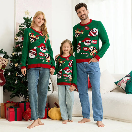 Christmas Family Look Sweater Full Sleeve O Neck Knitwear Cartoon Cute Jacquard Jumpers Parent-child Matching Outfits Xmas Wear
