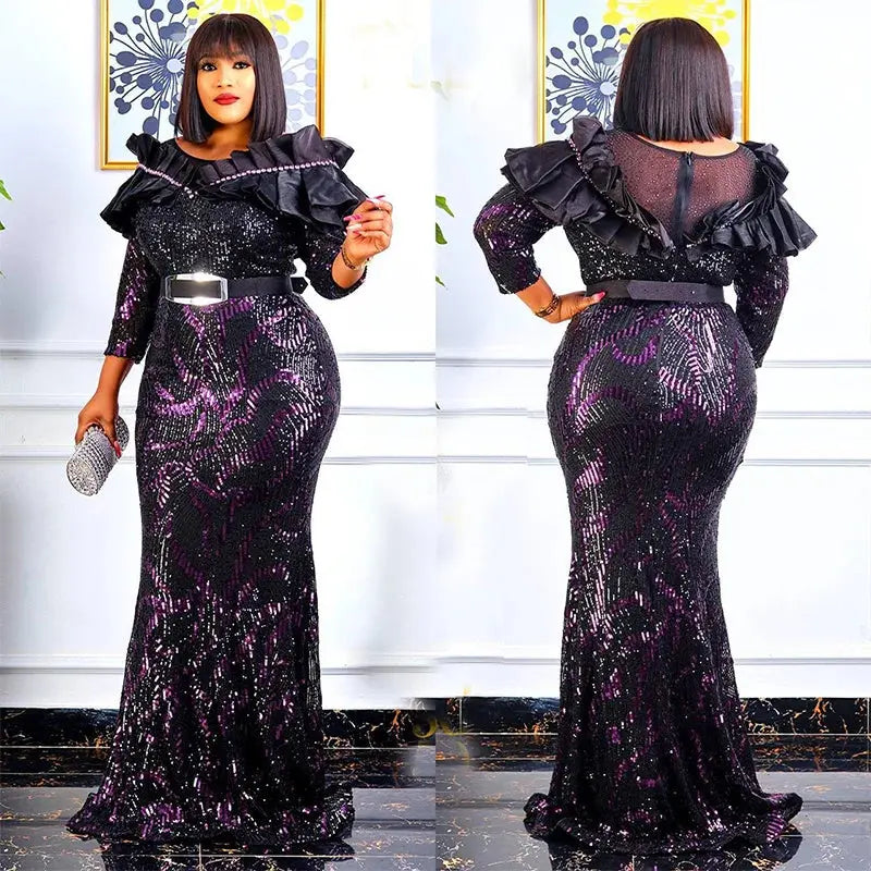 African Dresses For Women 2022 Lady Elegant Glittering Evening Dress Sparkle Sequin Sexy Sheath Maxi Party Gowns Come With Belt Beauty hair & fashionfj