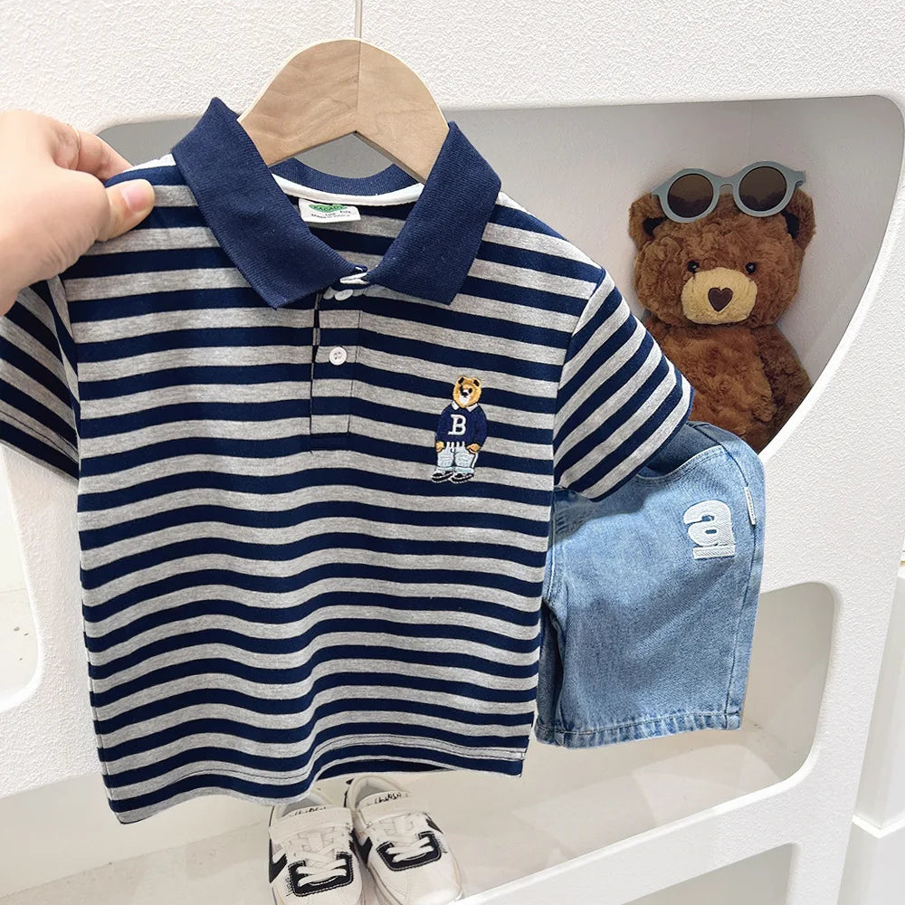 Kids Boys Clothes Toddler Shirts Baby Boys Short Sleeve Graphic Bear Tee Striped Cotton Tops For Children Clothes 3 To 8 Years Beauty hair & fashionfj
