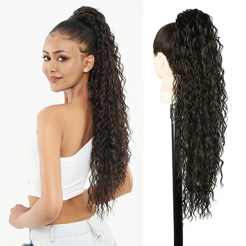 Julianna Synthetic Kanekalon Black Drawstring Water Wave Ponytail Extension Female Curly Wavy Clip In Ponytail Hair Extension