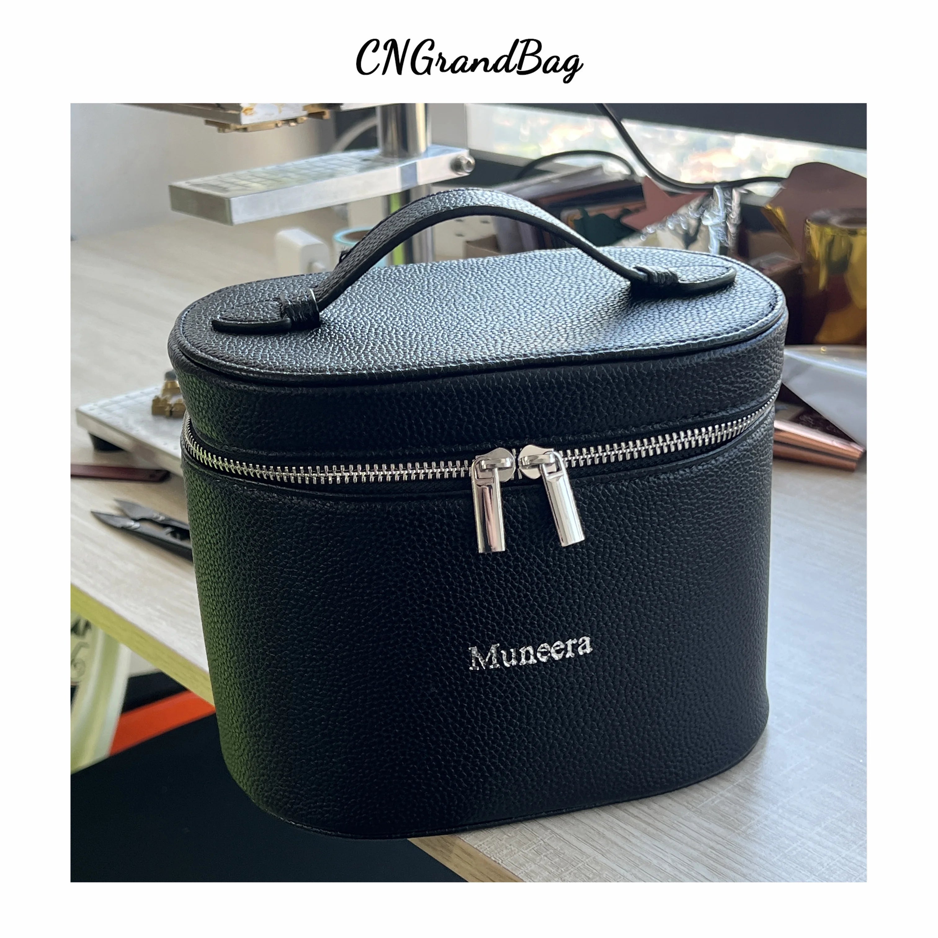 Customizable Name Portable Travel Storage Bag - Removable Cosmetic Bag with Separate Washing Compartment Pebble Leather